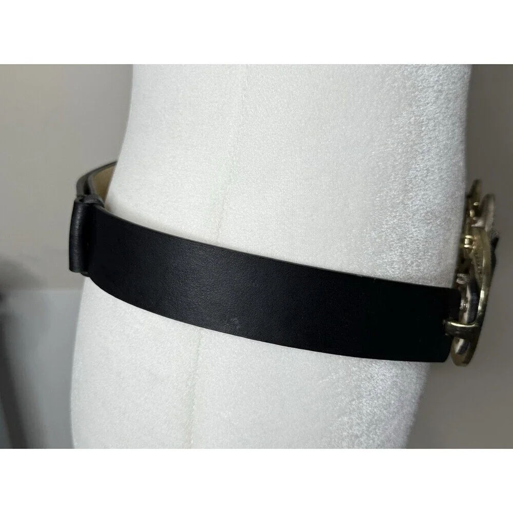 Chico's M/L Black Leather Medallion Art Wear Belt Silver Bronze Adjustable Boho